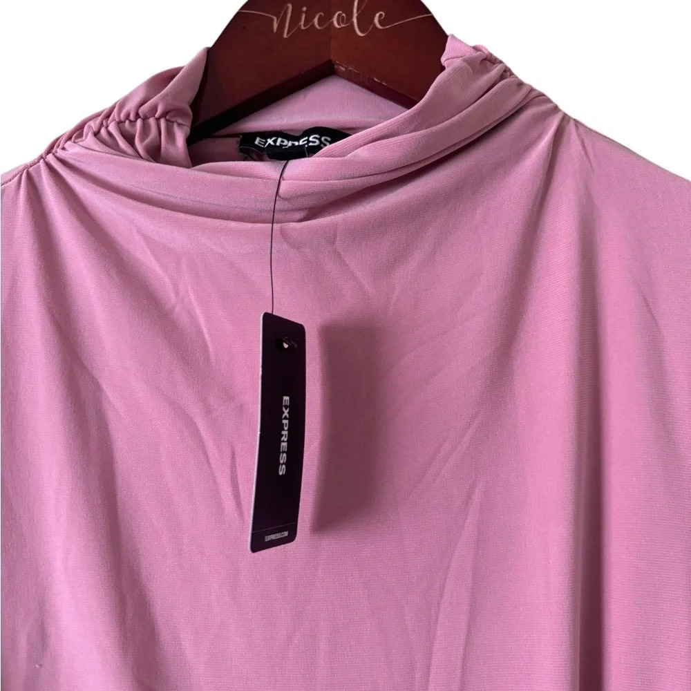 NWT Express Body Contour Mock Neck Ruched Asymmetrical Midi Dress Pink S Medium - Picture 3 of 5
